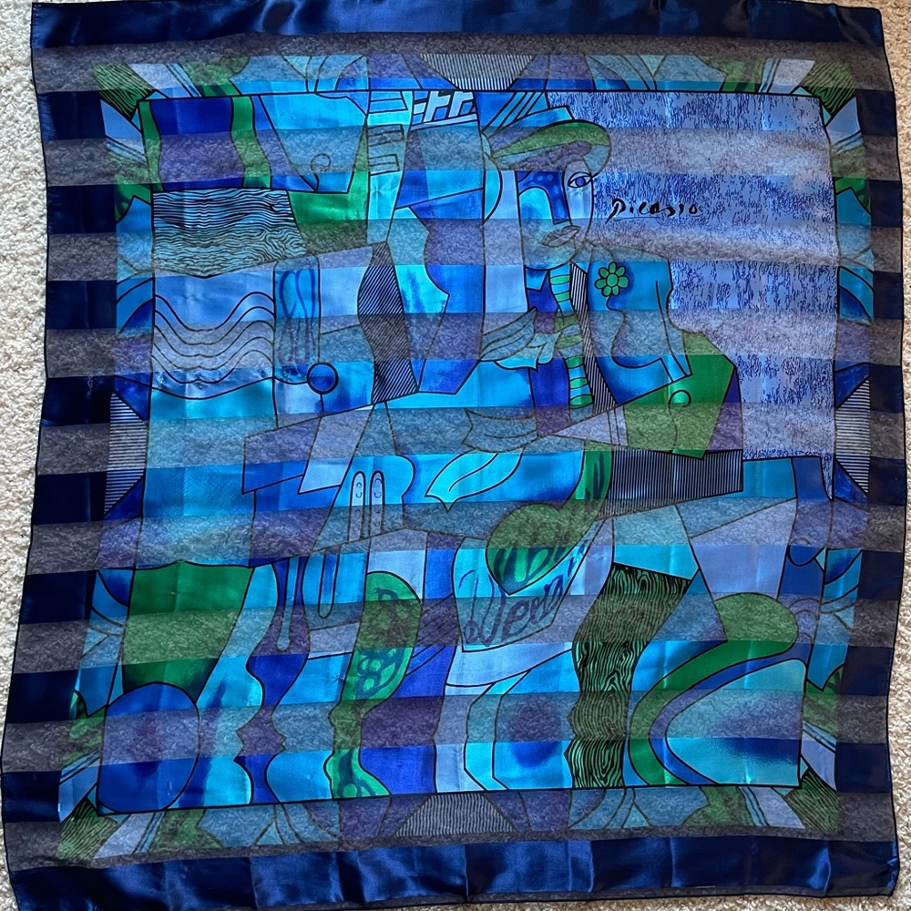 Picasso RARE 80’s cubism sheer striped blue color luxurious satin scarf